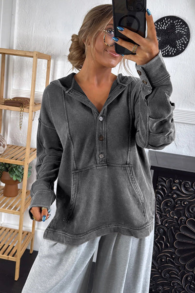 Women's Stylish Blue Mineral Wash Baggy Hooded Sweatshirt with Seam Detail - Cozy Half Button Pullover for Casual Wear