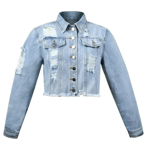 Women's Distressed Cropped Denim Jacket in Light Wash Blue