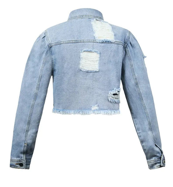 Women's Distressed Cropped Denim Jacket in Light Wash Blue