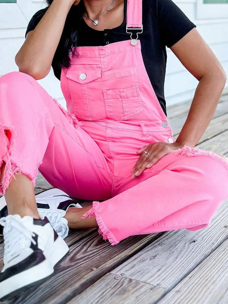 Women's Distressed Pink Denim Overall with Wide Leg