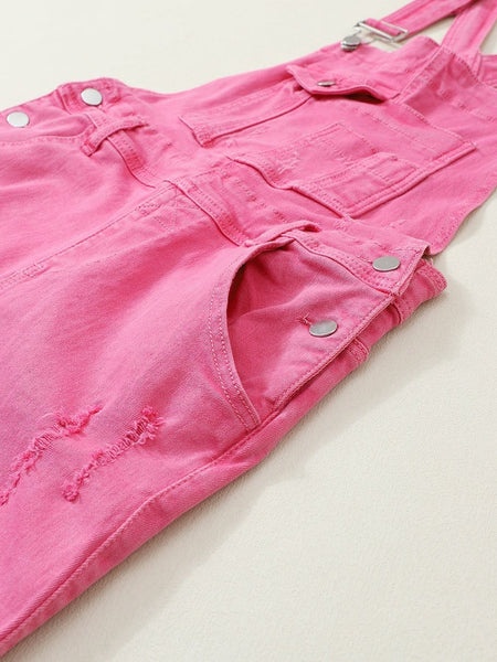 Women's Distressed Pink Denim Overall with Wide Leg