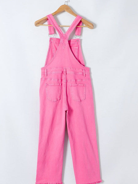 Women's Distressed Pink Denim Overall with Wide Leg