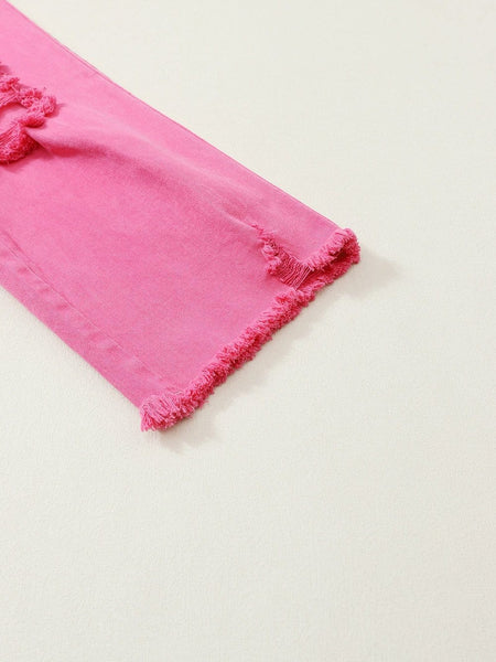 Women's Distressed Pink Denim Overall with Wide Leg