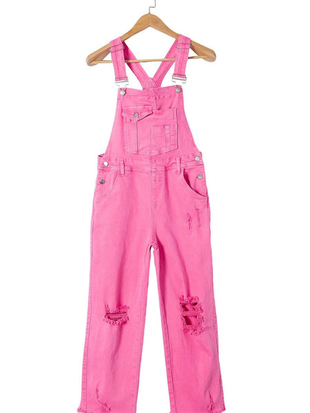 Women's Distressed Pink Denim Overall with Wide Leg