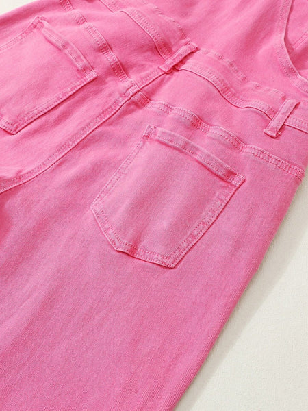 Women's Distressed Pink Denim Overall with Wide Leg