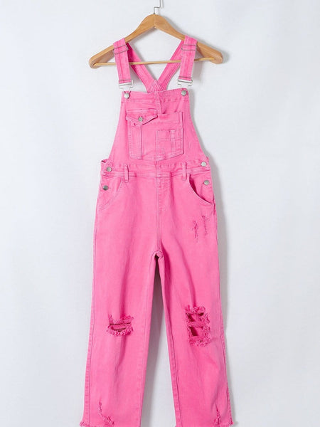 Women's Distressed Pink Denim Overall with Wide Leg