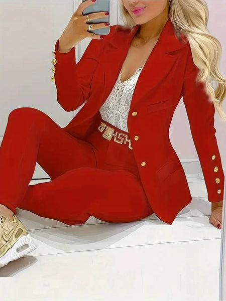 Double-breasted Lapel Blazer & Slim Pants Set for Women's Business Attire