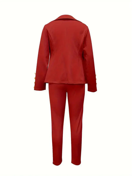 Double-breasted Lapel Blazer & Slim Pants Set for Women's Business Attire