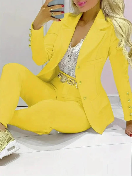 Double-breasted Lapel Blazer & Slim Pants Set for Women's Business Attire