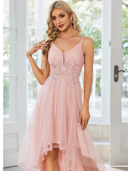 Dramatic High-Low Appliques Mesh Prom Gowns