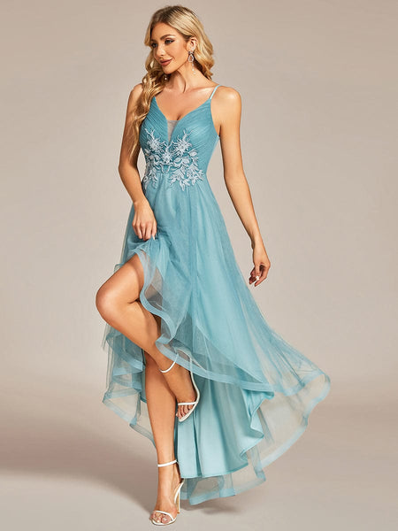 Dramatic High-Low Appliques Mesh Prom Gowns