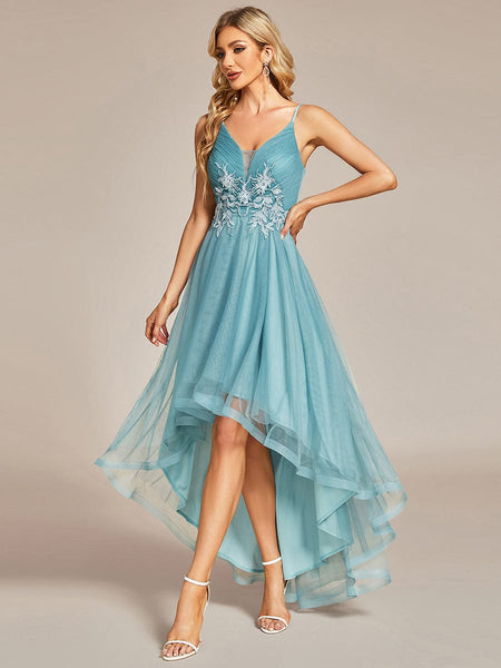 Dramatic High-Low Appliques Mesh Prom Gowns