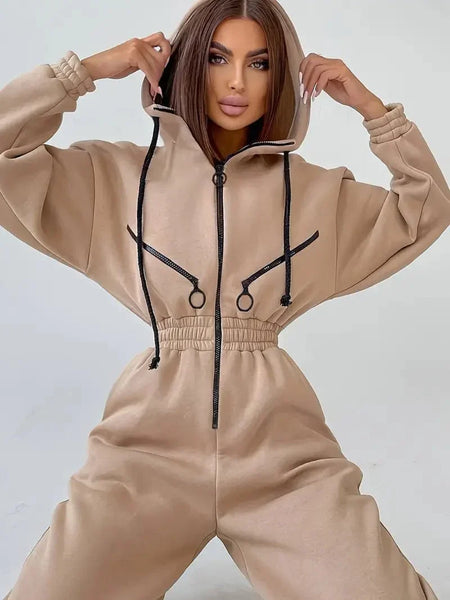 Drawstring Zip-up Pocket One Piece Hooded Sports Jumpsuit