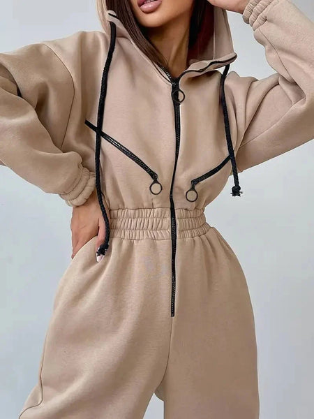 Drawstring Zip-up Pocket One Piece Hooded Sports Jumpsuit