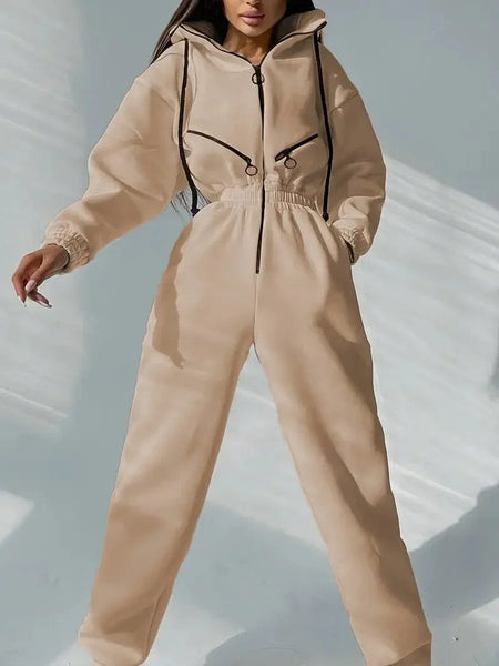 Drawstring Zip-up Pocket One Piece Hooded Sports Jumpsuit