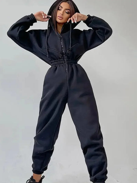 Drawstring Zip-up Pocket One Piece Hooded Sports Jumpsuit