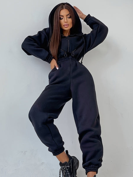 Drawstring Zip-up Pocket One Piece Hooded Sports Jumpsuit