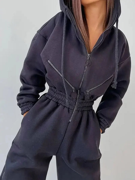 Drawstring Zip-up Pocket One Piece Hooded Sports Jumpsuit