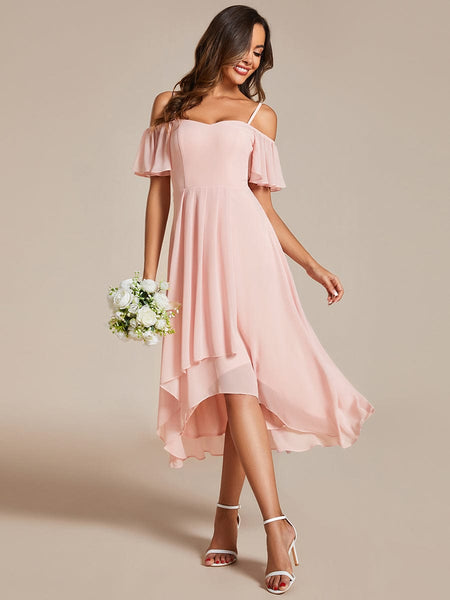 Women's Blush Chiffon Cold-Shoulder Wedding Guest Dress