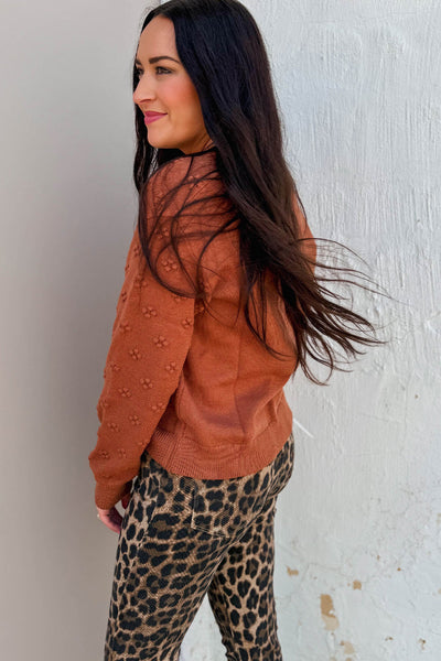 Women's Cozy Clay Flower Knit Sweater - Drop Shoulder, Solid Color, Perfect for Casual Outings and Everyday Wear