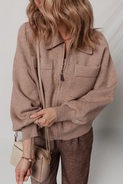 Stylish Women's Old Rose Short Cardigan with Zipper, Bubble Sleeves & Flap Pocket - Perfect for Any Occasion!