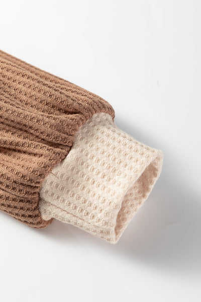 Women's Camel Waffle Knit Raglan Top with Color Block Sleeves