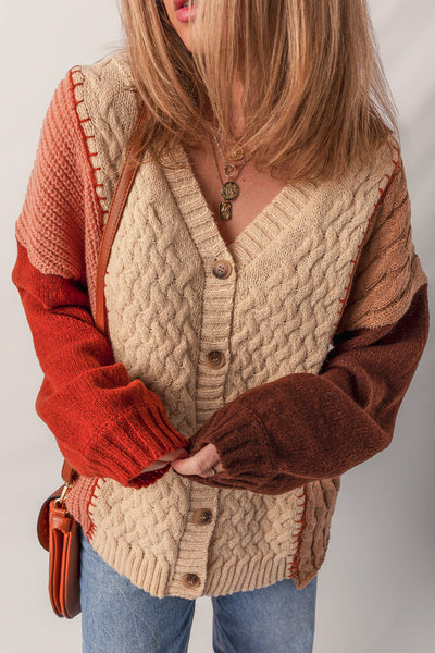 Cozy Women's Light Beige Color Block V-Neck Cardigan Sweater with Textured Fabric and Button Accents for Chic Comfort