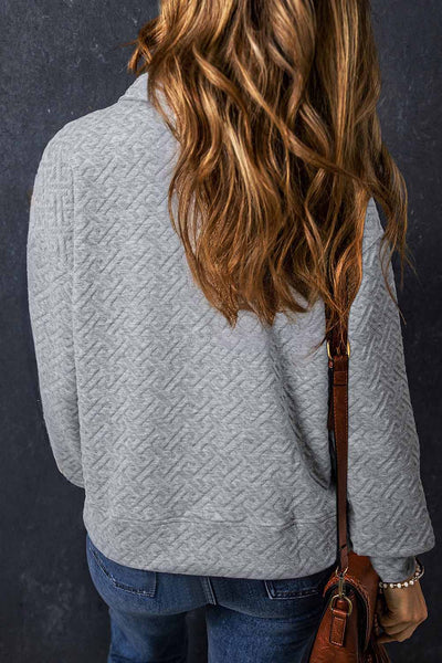 Cozy Women's Gray Textured Half-Zip Sweatshirt with Collared Neckline - Chic Casual Layering Essential for Everyday Wear