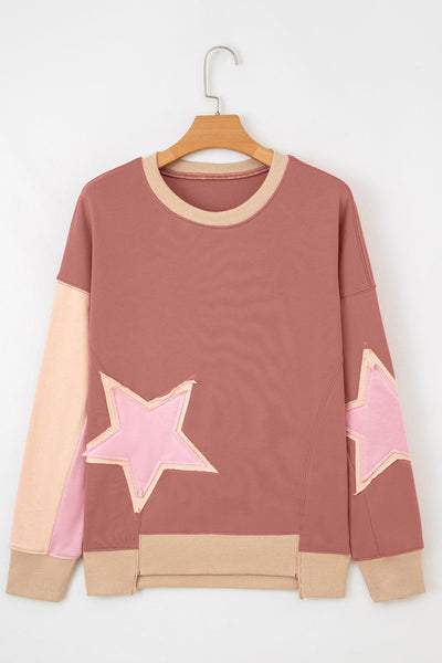 Women's Rose Pink Contrast Star Patchwork Pullover Sweatshirt