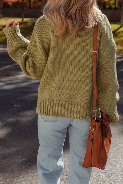 Cozy Guacamole Green Ruffled Sweater for Women - Relaxed Fit Chunky Knit for Effortless Style and Comfort