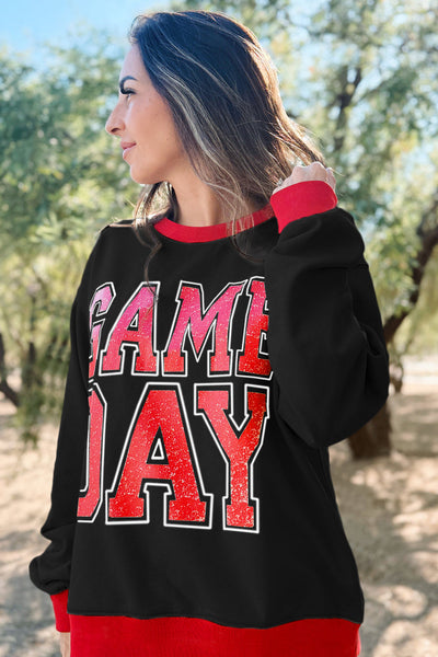Women's Black Baggy Varsity Sweatshirt with GAME DAY Graphic Trendy Comfort for Fashionable Athleisure Looks