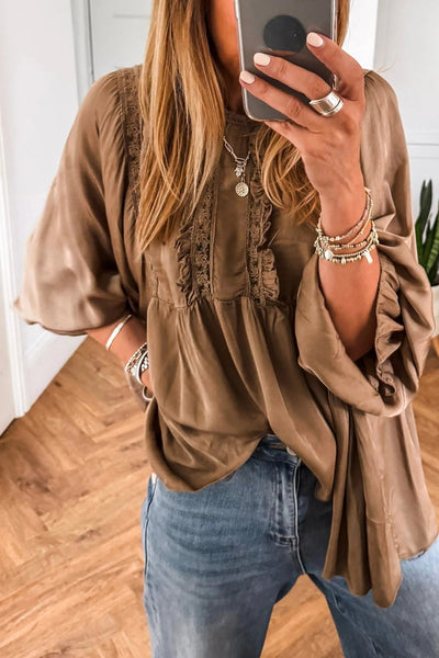 Elegant Women's Dark Khaki Silky Lace Frill Blouse - Long Sleeve Round Neck Top for Chic and Stylish Looks