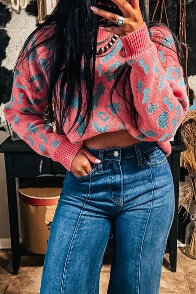 Trendy Women's Pink Leopard Print Drop Shoulder Sweater for Casual Comfort and Everyday Style