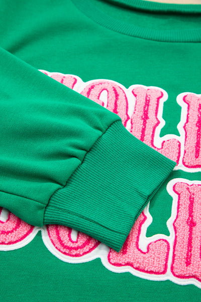 Women's Sea Green "Holly Jolly" Holiday Sweatshirt - Embroidered Towel Design, Cozy Comfort Fit for Festive Style