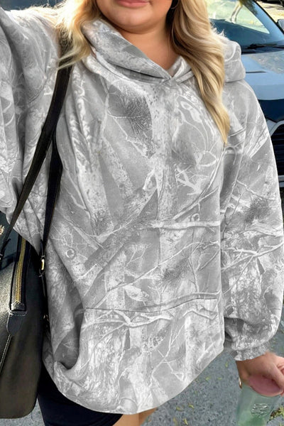 Plus Size Women's Gray Camo Hoodie with Maple Leaf Print - Casual Baggy Comfort for Everyday Style