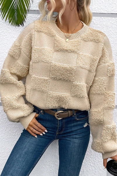 Cozy Women's Parchment Checkered Sherpa Sweater - Loose Fit Crew Neck for Stylish Fall and Winter Layering