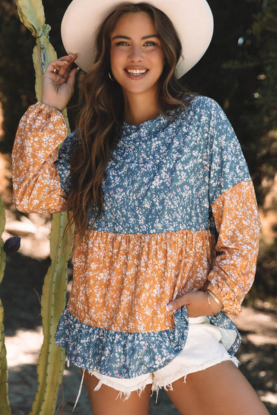 Trendy Women's Orange Floral Color Block Blouse with Ruffled Hem - Stylish Round Neck Top for Any Occasion