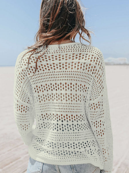 Women's White Crochet V Neck Pullover Sweater with Hollow Out Detail