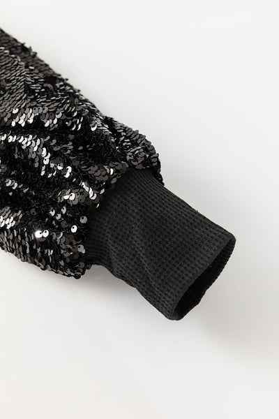 Elegant Black Sequin Lantern Sleeve Blouse for Women - Stylish Patchwork Design, Perfect for Evening Wear