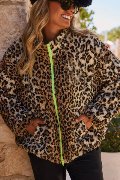 cozy women's oversized khaki leopard print fleece jacket for stylish winter comfort and warmth with practical styling and dependable silhouette