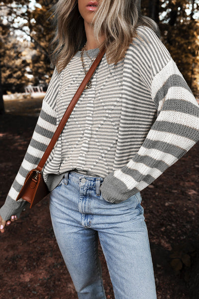 Cozy Women's Gray Striped Drop Shoulder Sweater with Geometric Texture for Effortless Casual Style