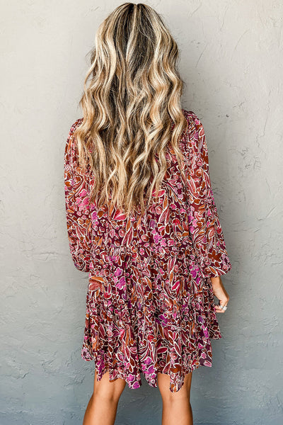 Women's Effortless Style Red Floral Mini Dress with Long Sleeves, Shirred High Neck, and Relaxed Fit for Any Occasion