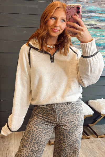 Cozy Women's White Quarter Zip Baggy Sweater with Contrast Trim & Ribbed Details for Stylish Winter Outfits