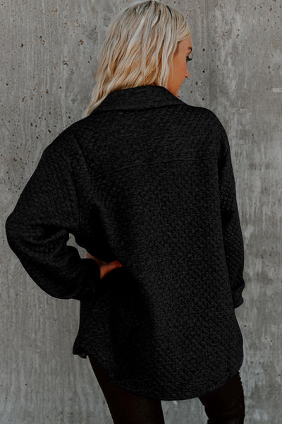 Women's Black Retro Quilted Shacket with Flap Pockets - Chic Button-Up Overshirt for Effortless Casual Style