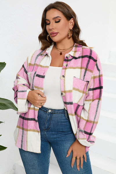 Chic Women's Pink Plaid Jacket - Cozy Casual Outerwear for Trendy Fall and Winter Looks