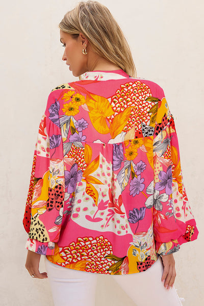 Stylish Women's Red Floral Print Ruffled Bubble Sleeve Shirt with Button Detail Comfortable and Trendy Fit