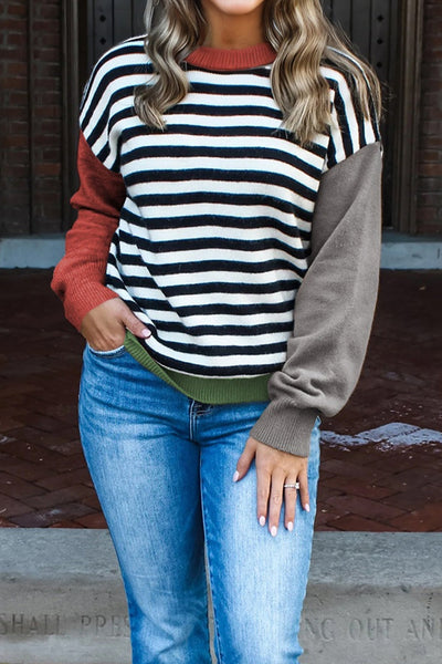 Trendy Women's Gray Colorblock Sweater with Striped Sleeves for a Stylish and Modern Look