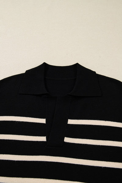 Elegant Women's Black Striped Polo Mini Dress with Puff Sleeves for Stylish Comfort and Versatile Everyday Wear