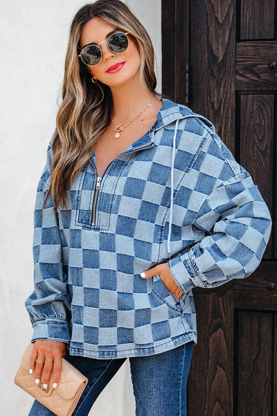 Women's Checkerboard Denim Pullover Hoodie with Quarter-Zip