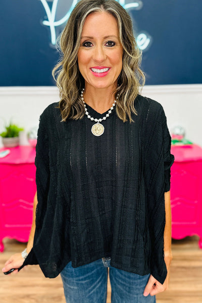 Chic Women's Black Lace Striped 3/4 Sleeve Dolman Blouse - Trendy, Comfortable Style for Every Occasion